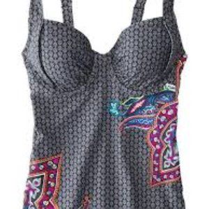 Dark Gray Patterned Women's Swim Dress with Pink & Blue Accents